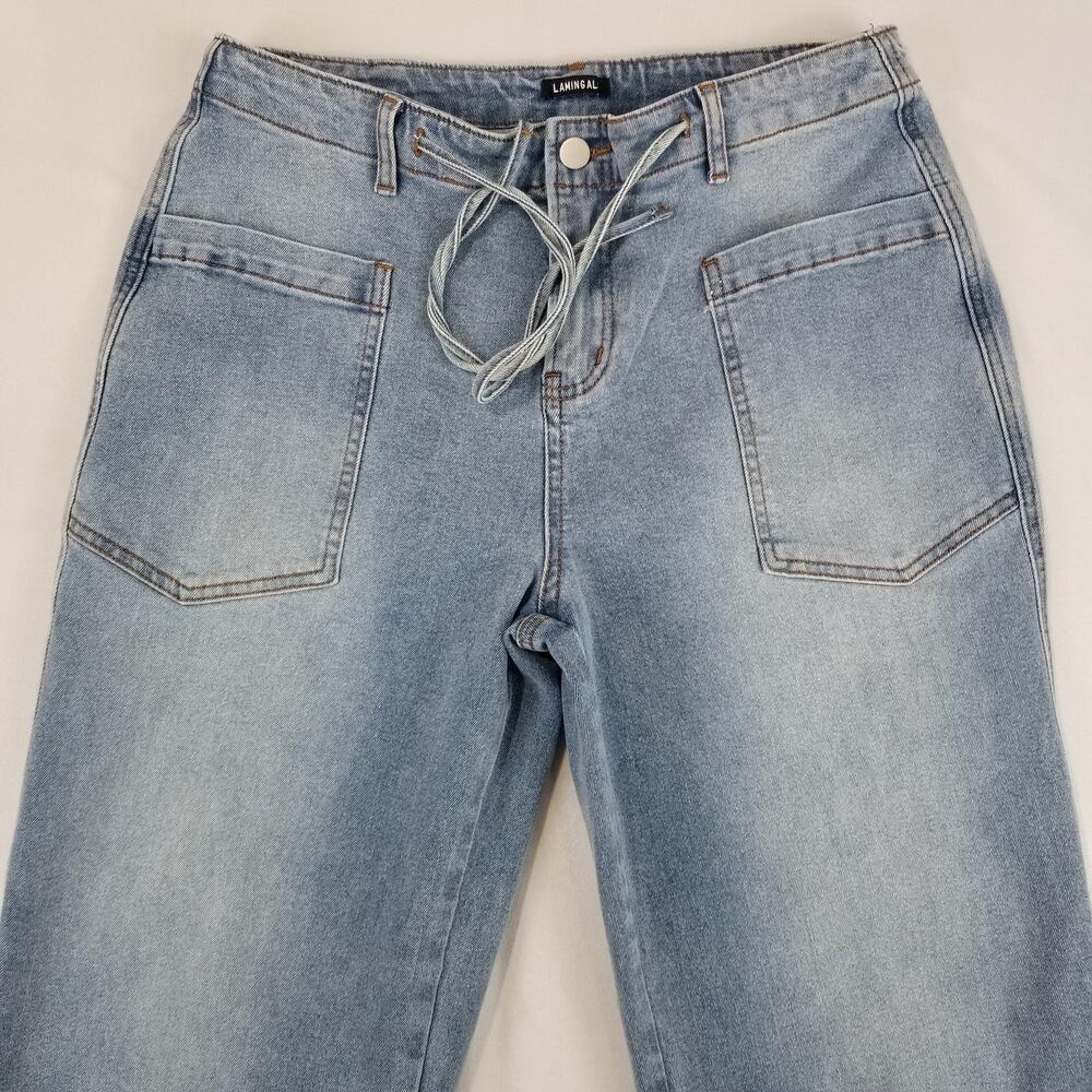 FLAMINGALS Jeans Womens Large Blue High Rise Wide Leg Lace Up Patch Pockets - Picture 3 of 11